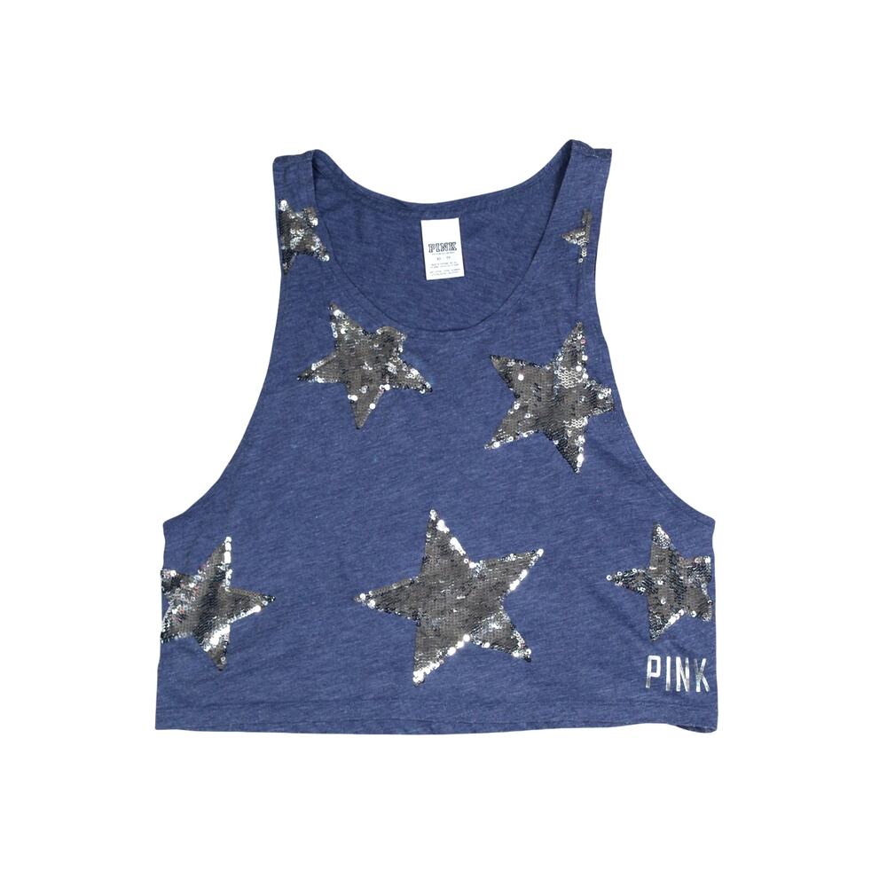 Victoria Secret PINK Tank Top Womens XS Blue Sequin Stars Y2K Summer Beach
